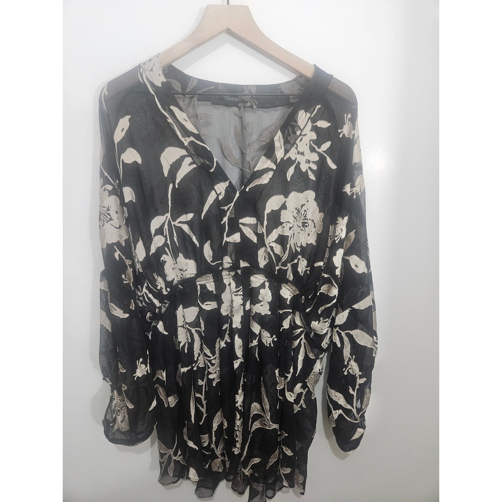 Lane Bryant Black Floral Burnout V-Neck Tunic Top Plus Size 18/20 Long Sleeve